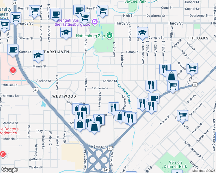map of restaurants, bars, coffee shops, grocery stores, and more near 1700 Adeline Street in Hattiesburg