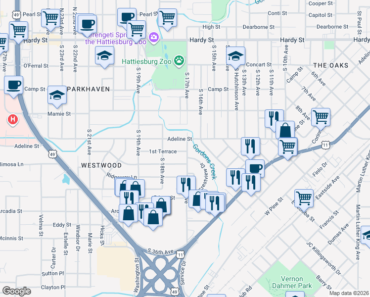 map of restaurants, bars, coffee shops, grocery stores, and more near 1700 Adeline Street in Hattiesburg