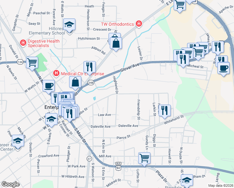 map of restaurants, bars, coffee shops, grocery stores, and more near 501 East Grubbs Street in Enterprise