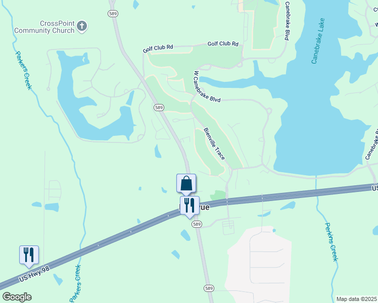 map of restaurants, bars, coffee shops, grocery stores, and more near 3084 State Highway 589 in Hattiesburg