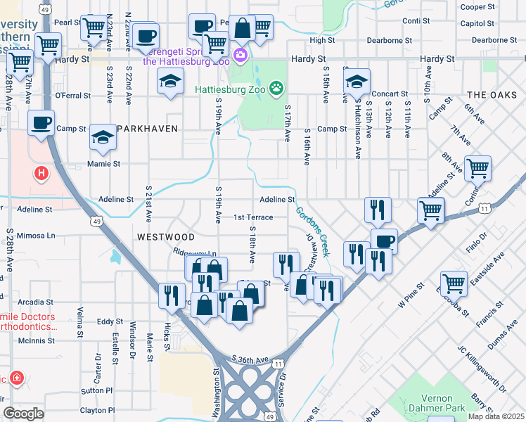 map of restaurants, bars, coffee shops, grocery stores, and more near 1716 Adeline Street in Hattiesburg