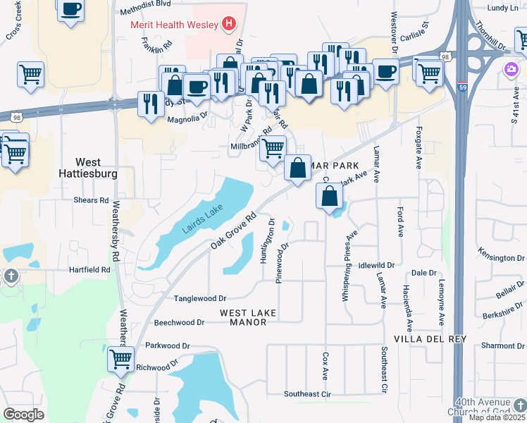 map of restaurants, bars, coffee shops, grocery stores, and more near 2142 Oak Grove Road in Hattiesburg