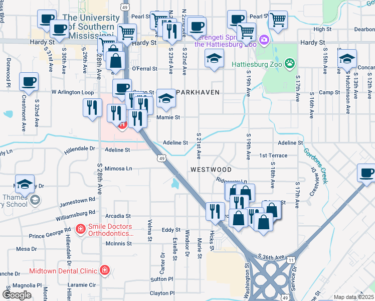map of restaurants, bars, coffee shops, grocery stores, and more near 502 South 22nd Avenue in Hattiesburg