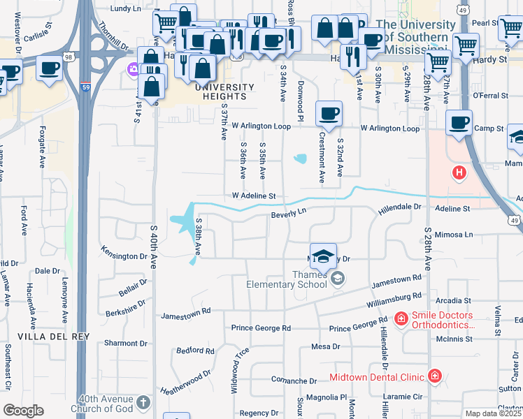 map of restaurants, bars, coffee shops, grocery stores, and more near 309 Beverly Lane in Hattiesburg