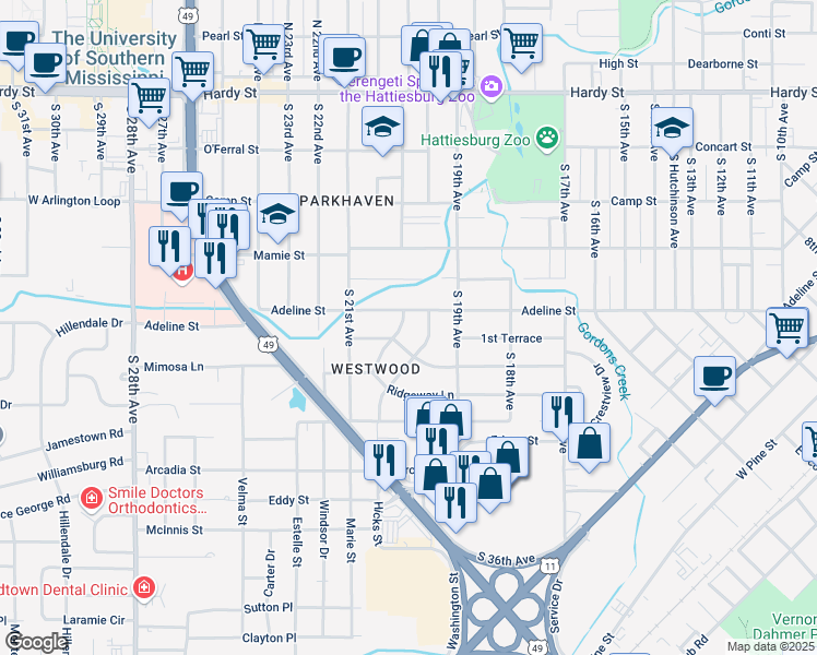 map of restaurants, bars, coffee shops, grocery stores, and more near 602 Woodhaven Drive in Hattiesburg