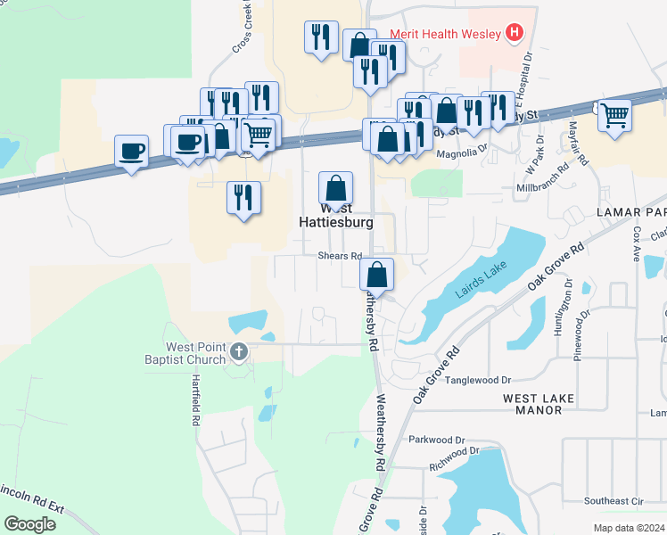 map of restaurants, bars, coffee shops, grocery stores, and more near 12 Shears Road in Hattiesburg
