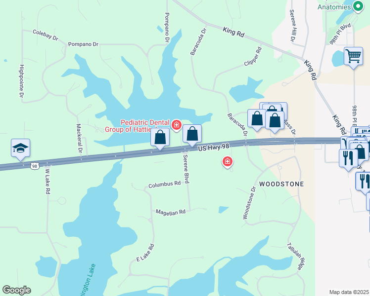 map of restaurants, bars, coffee shops, grocery stores, and more near 6631 U.S. 98 in Hattiesburg