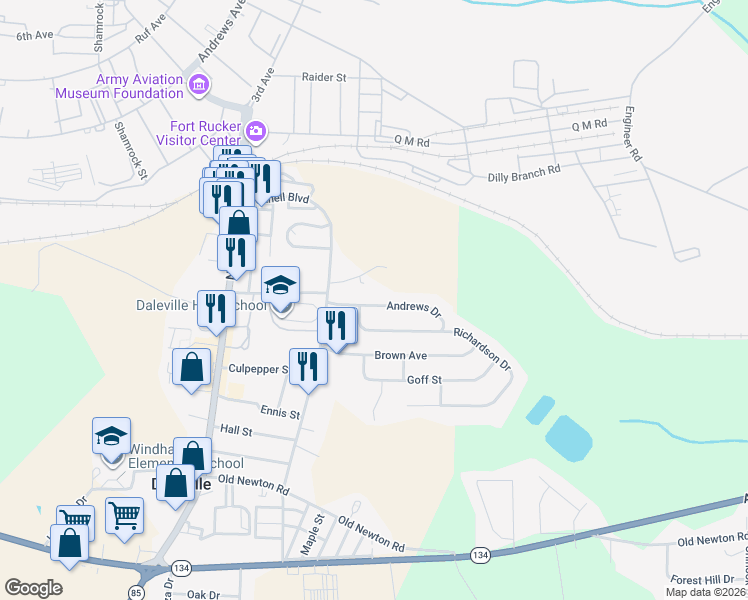 map of restaurants, bars, coffee shops, grocery stores, and more near 11 Andrews Drive in Daleville