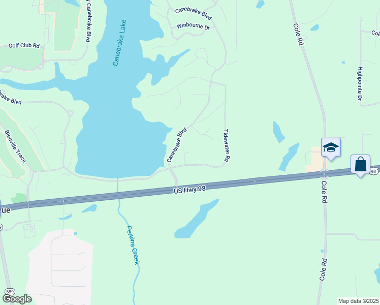 map of restaurants, bars, coffee shops, grocery stores, and more near 98 Cane Cove in Hattiesburg