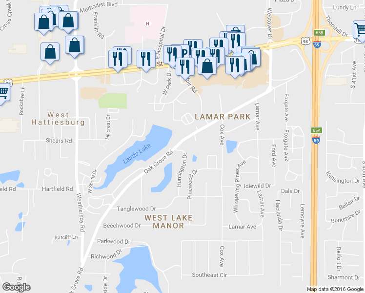 map of restaurants, bars, coffee shops, grocery stores, and more near 2142 Oak Grove Road in Hattiesburg