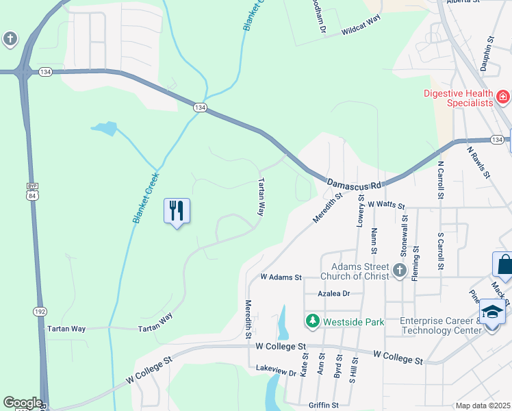 map of restaurants, bars, coffee shops, grocery stores, and more near 609 Tartan Way in Enterprise
