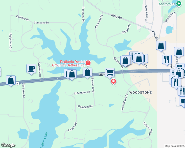 map of restaurants, bars, coffee shops, grocery stores, and more near 6631 U.S. 98 in Hattiesburg