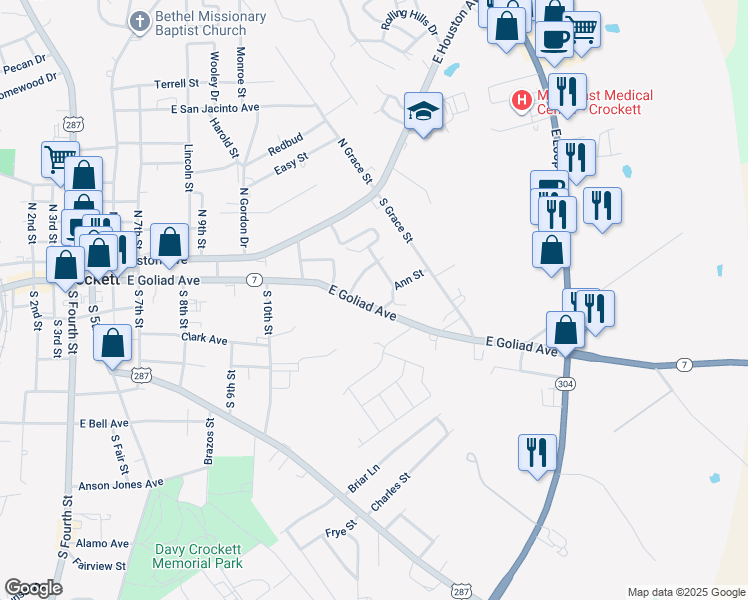 map of restaurants, bars, coffee shops, grocery stores, and more near 1212 East Goliad Avenue in Crockett