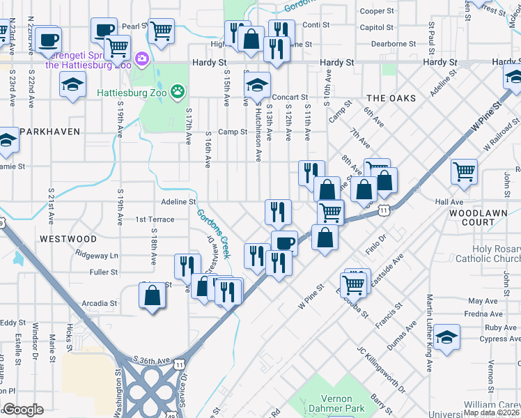 map of restaurants, bars, coffee shops, grocery stores, and more near 511 West Scooba Street in Hattiesburg