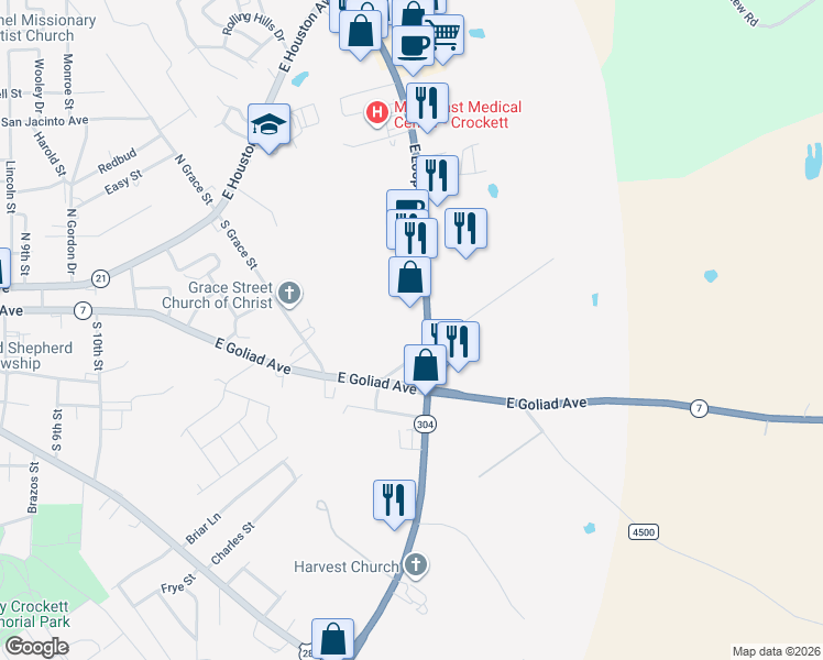 map of restaurants, bars, coffee shops, grocery stores, and more near 1240 East Loop 304 in Crockett