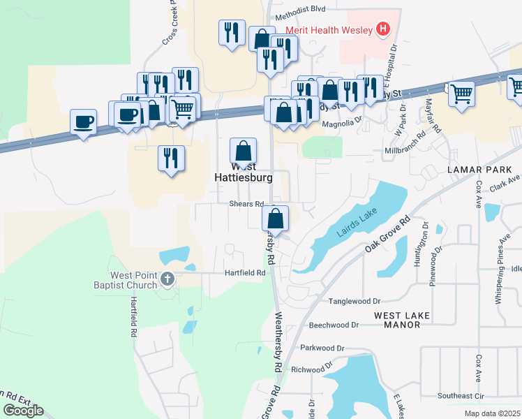 map of restaurants, bars, coffee shops, grocery stores, and more near 12 Shears Road in Hattiesburg