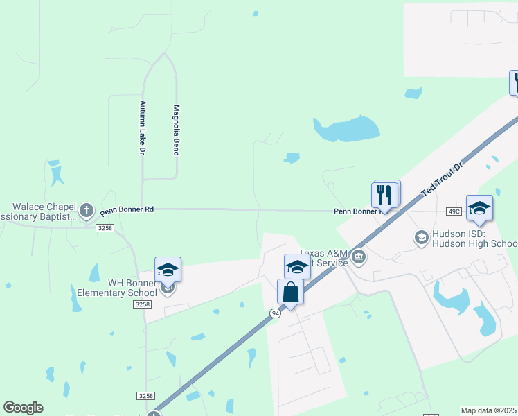 map of restaurants, bars, coffee shops, grocery stores, and more near 612 Penn Bonner Road in Lufkin