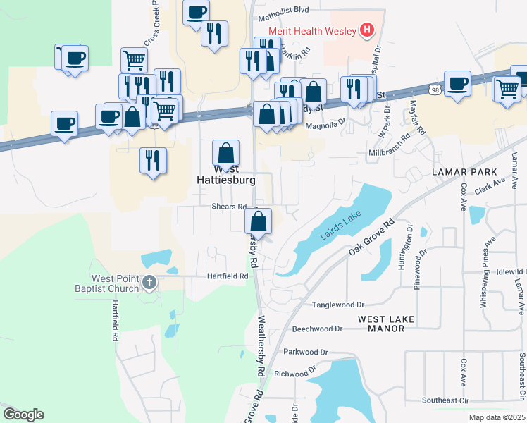 map of restaurants, bars, coffee shops, grocery stores, and more near 670 Weathersby Road in Hattiesburg