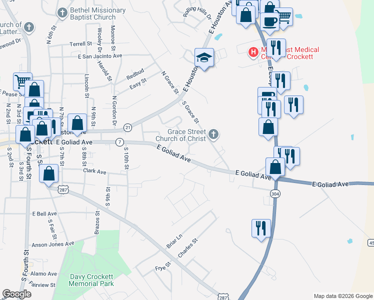 map of restaurants, bars, coffee shops, grocery stores, and more near 1212 East Goliad Avenue in Crockett