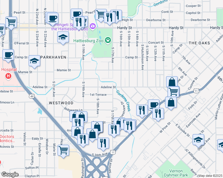 map of restaurants, bars, coffee shops, grocery stores, and more near 1700 Adeline Street in Hattiesburg