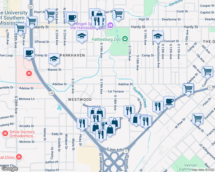 map of restaurants, bars, coffee shops, grocery stores, and more near 1816 Adeline St in Hattiesburg