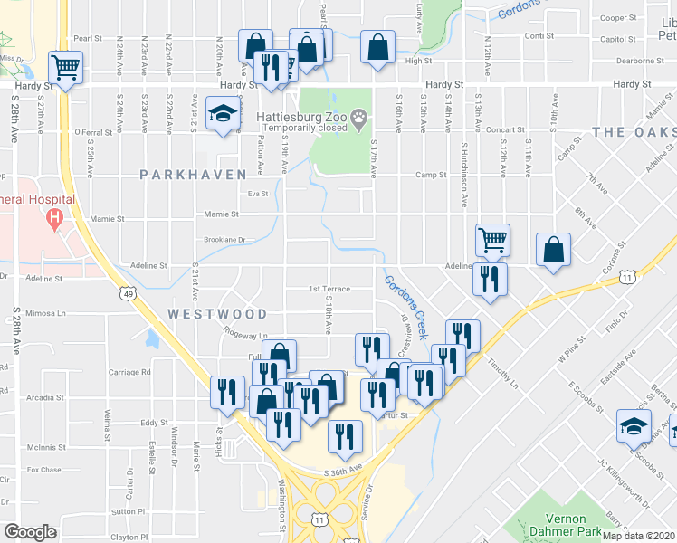 map of restaurants, bars, coffee shops, grocery stores, and more near 1716 Adeline Street in Hattiesburg
