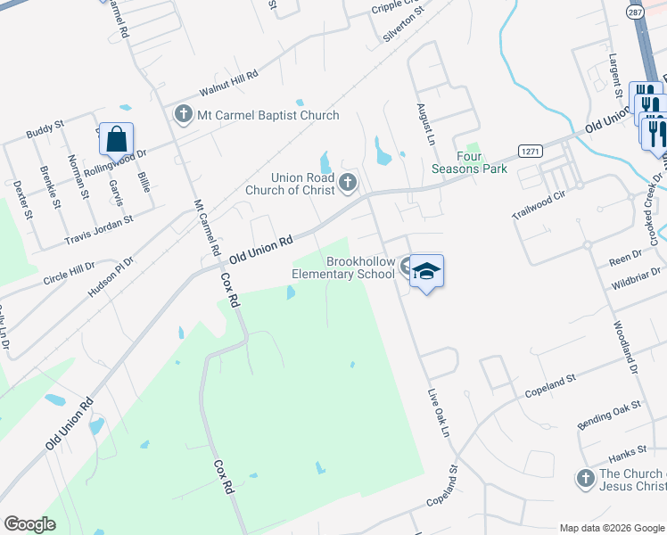 map of restaurants, bars, coffee shops, grocery stores, and more near 3603 Old Union Road in Lufkin