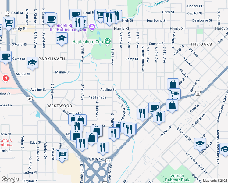 map of restaurants, bars, coffee shops, grocery stores, and more near 600 South 17th Avenue in Hattiesburg