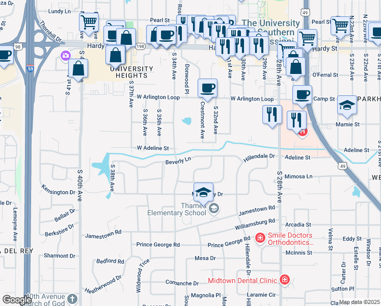 map of restaurants, bars, coffee shops, grocery stores, and more near 207 Beverly Lane in Hattiesburg