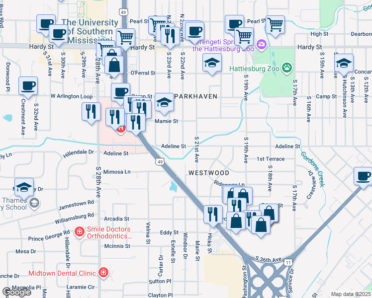 map of restaurants, bars, coffee shops, grocery stores, and more near 502 S 22nd Ave in Hattiesburg