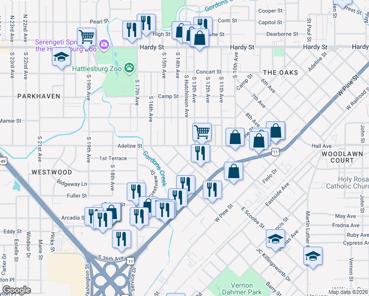 map of restaurants, bars, coffee shops, grocery stores, and more near 511 West Scooba Street in Hattiesburg