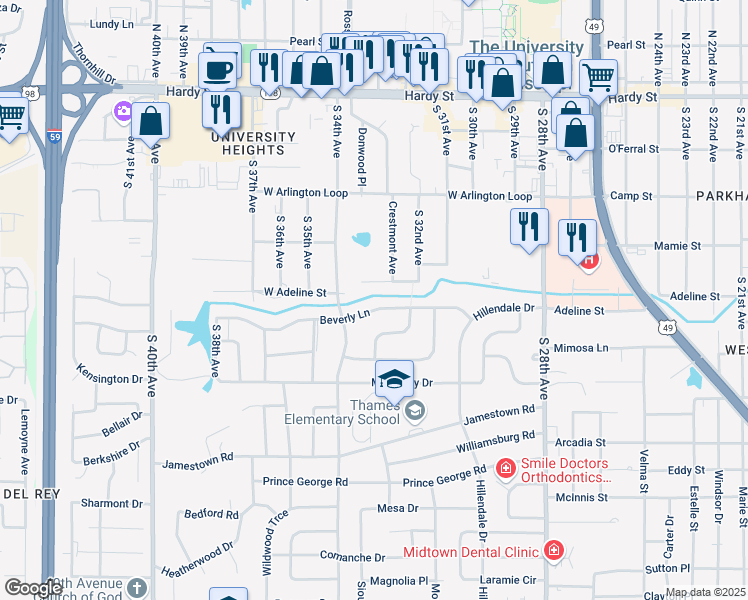 map of restaurants, bars, coffee shops, grocery stores, and more near 207 Beverly Lane in Hattiesburg