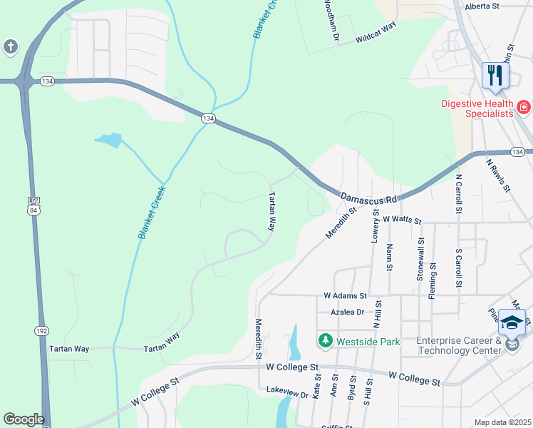 map of restaurants, bars, coffee shops, grocery stores, and more near 609 Tartan Way in Enterprise
