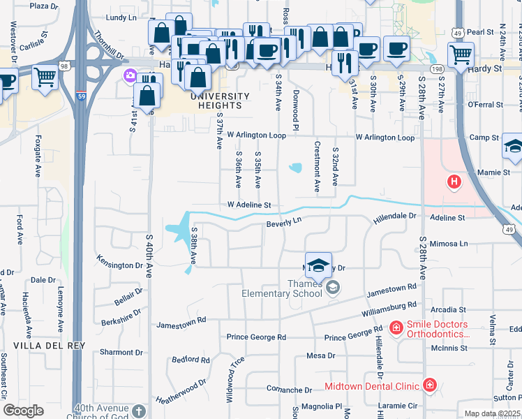 map of restaurants, bars, coffee shops, grocery stores, and more near 309 Beverly Lane in Hattiesburg
