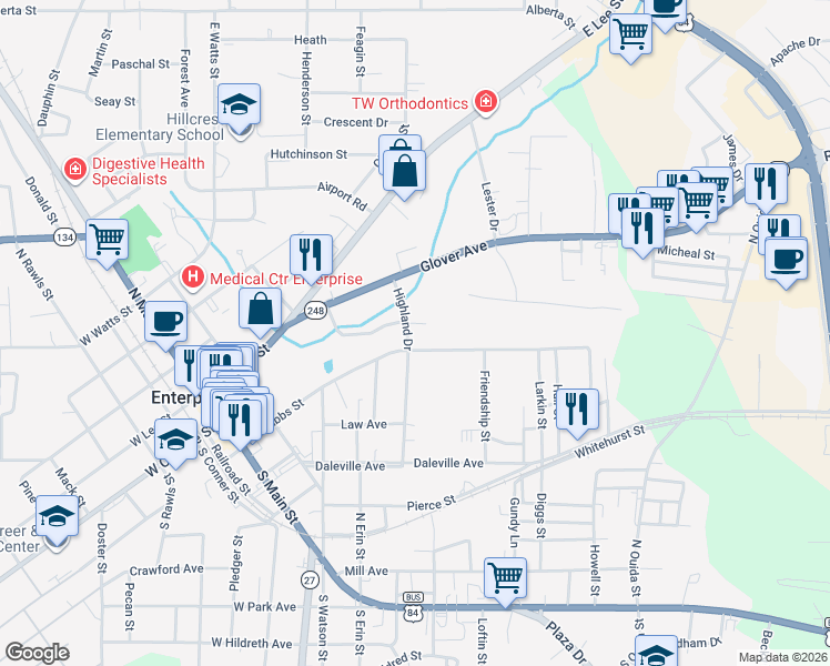 map of restaurants, bars, coffee shops, grocery stores, and more near 501-599 East Grubbs Street in Enterprise