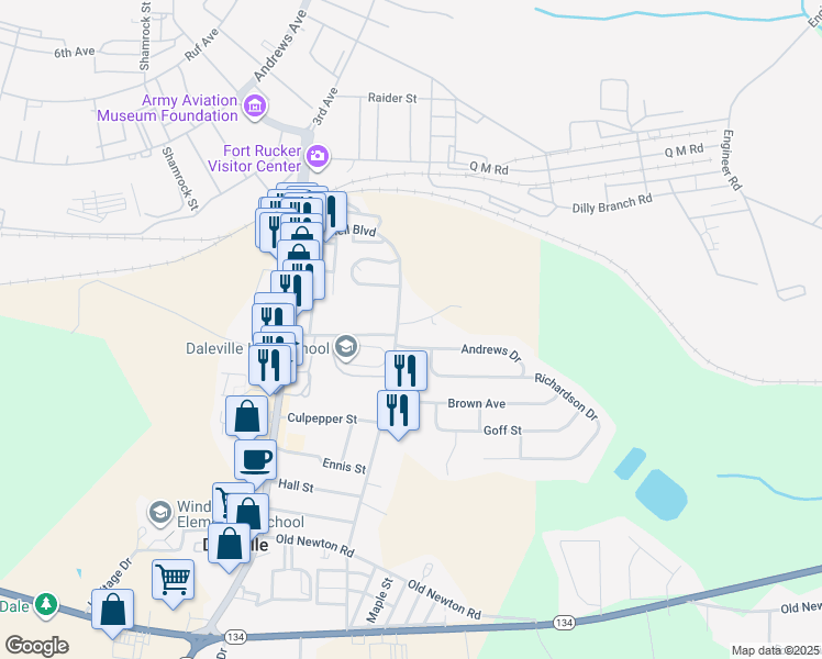 map of restaurants, bars, coffee shops, grocery stores, and more near 7 Andrews Drive in Daleville