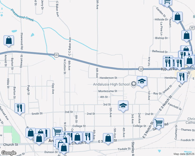 map of restaurants, bars, coffee shops, grocery stores, and more near 599 6th Ave in Andalusia