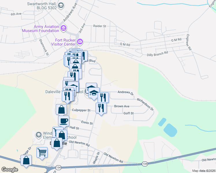 map of restaurants, bars, coffee shops, grocery stores, and more near 7 Andrews Drive in Daleville