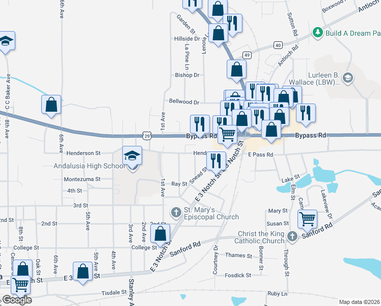 map of restaurants, bars, coffee shops, grocery stores, and more near 1103 Henderson Street in Andalusia