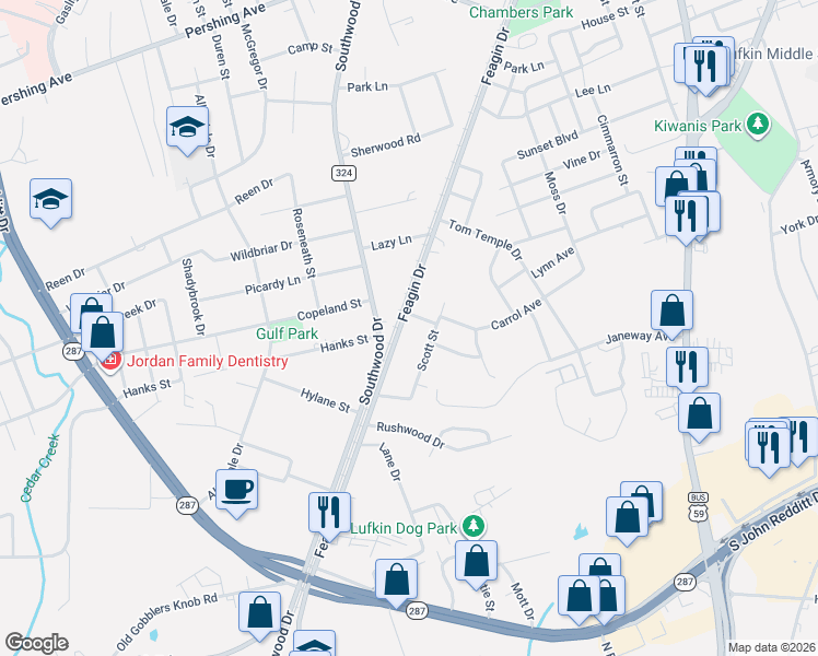 map of restaurants, bars, coffee shops, grocery stores, and more near 1439 Feagin Drive in Lufkin