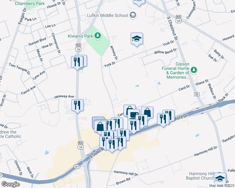 map of restaurants, bars, coffee shops, grocery stores, and more near 1607 Tulane Drive in Lufkin
