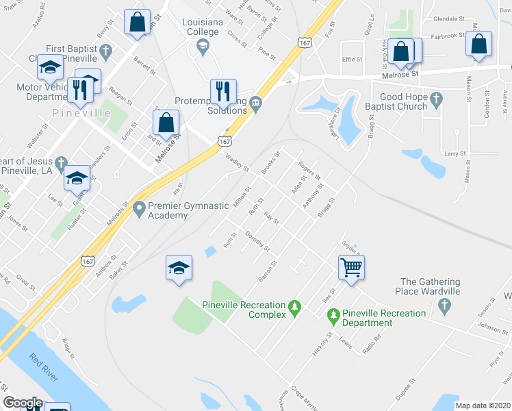 map of restaurants, bars, coffee shops, grocery stores, and more near 198 Ray Street in Pineville