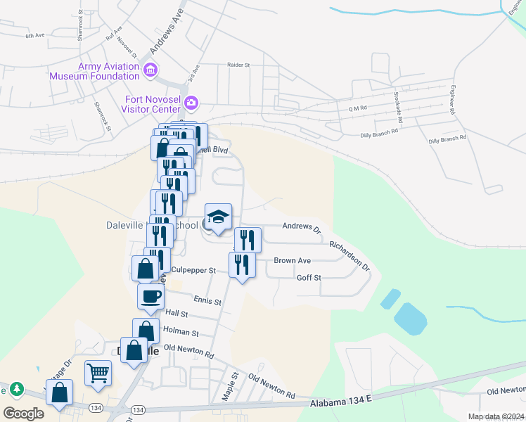 map of restaurants, bars, coffee shops, grocery stores, and more near 24 Somerset Parkway in Daleville