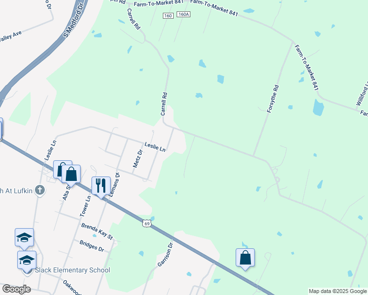 map of restaurants, bars, coffee shops, grocery stores, and more near 900 Carrell Road in Lufkin
