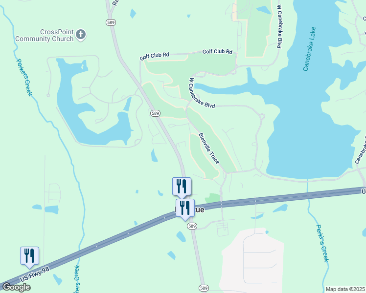 map of restaurants, bars, coffee shops, grocery stores, and more near 3084 Mississippi 589 in Hattiesburg