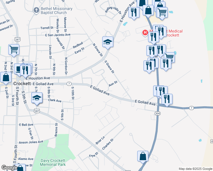 map of restaurants, bars, coffee shops, grocery stores, and more near 1212 East Goliad Avenue in Crockett