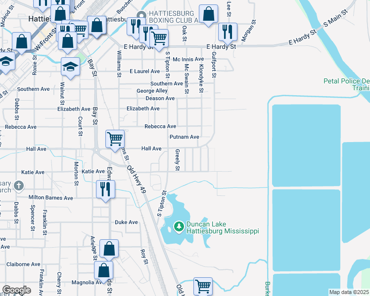 map of restaurants, bars, coffee shops, grocery stores, and more near 609 Lincoln Street in Hattiesburg