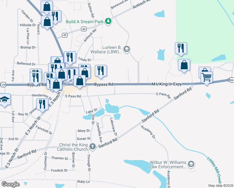 map of restaurants, bars, coffee shops, grocery stores, and more near East Pass Road in Andalusia