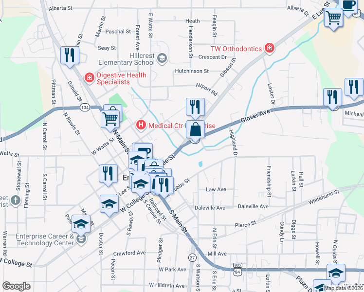 map of restaurants, bars, coffee shops, grocery stores, and more near Alabama 248 in Enterprise