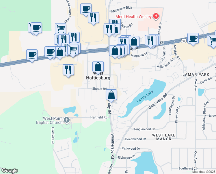 map of restaurants, bars, coffee shops, grocery stores, and more near 670 Weathersby Road in Hattiesburg